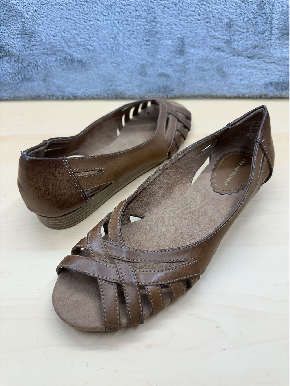Predictions Brown Leather Peep Toe Flats